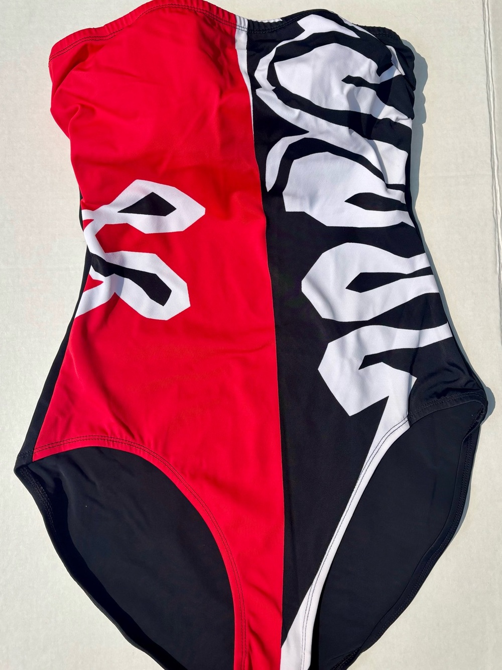 Vintage 80s 90s Oscar de la Renta Red, Black, Abstract  1 Piece Swimsuit Size 14